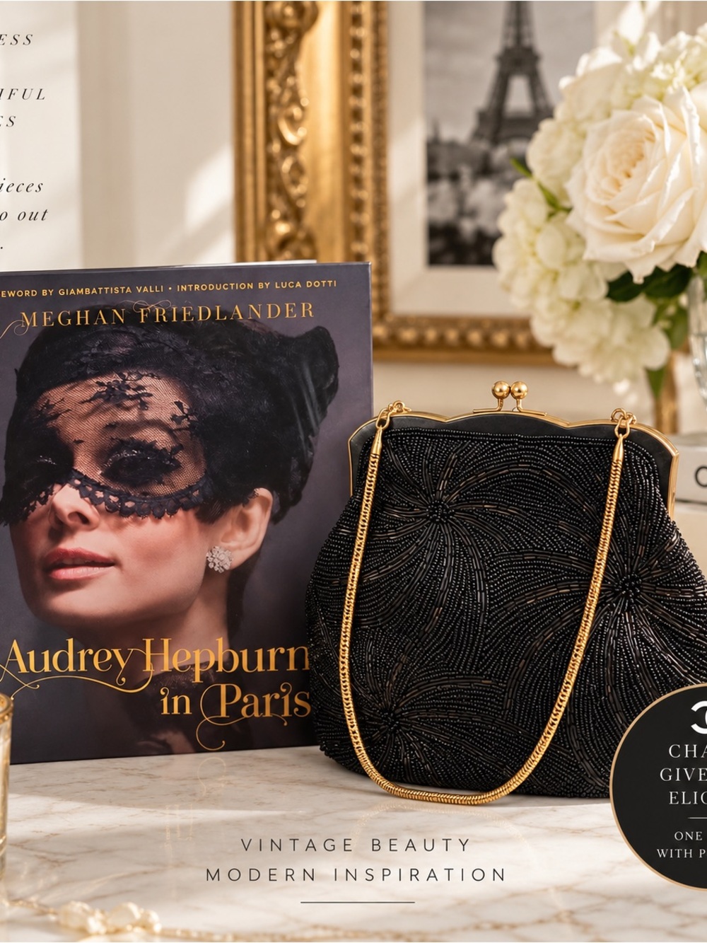 Vintage Hand-Beaded Black Evening Bag + Audrey Hepburn in Paris Book